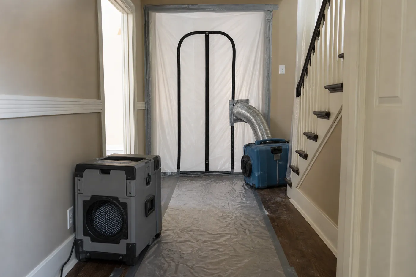 Mold removal containment: plastic zipper wall, air scrubber with duct hose and a dehumidifier in a hallway