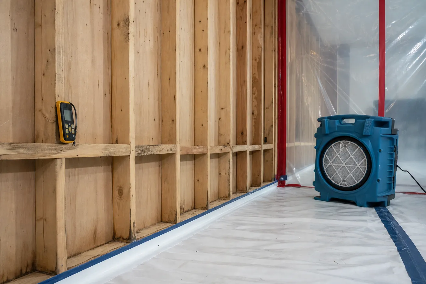 Water damage and mold work: wall opened to bare studs, moisture meter on a stud, air scrubber inside plastic sheeting
